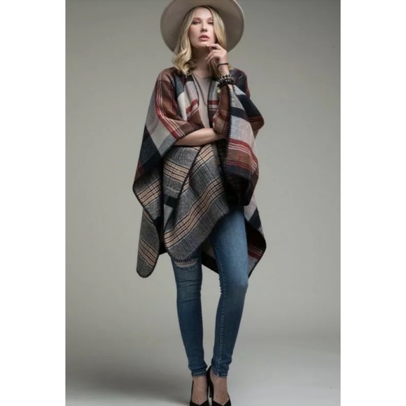 SOLD OUT Reversible Tartan Plaid Fall Vibes Ruana Poncho - Picture 2 of 6